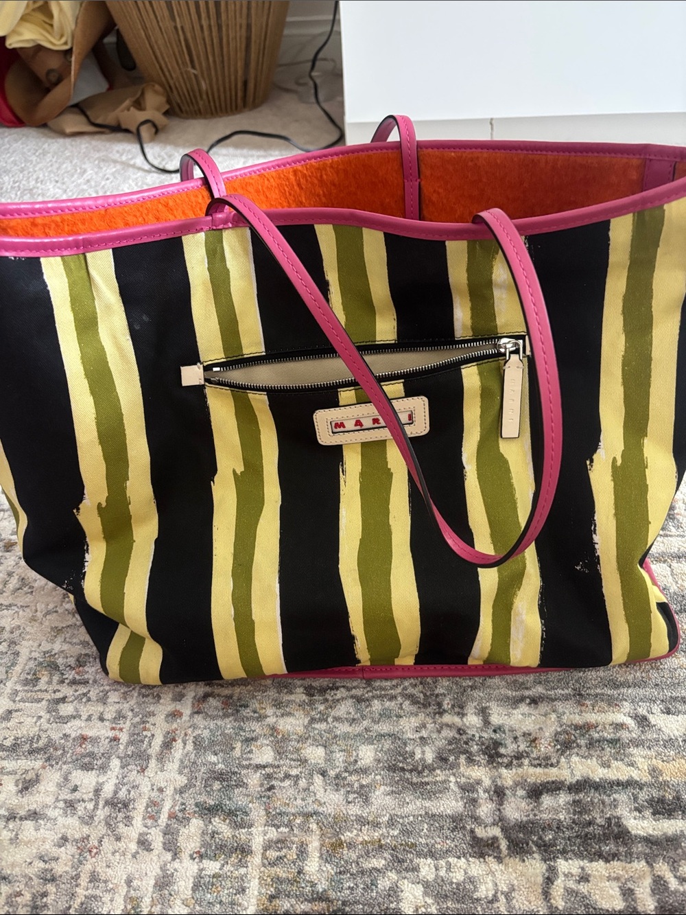 Marni Olive and Black Striped Canvas Tote with Pink Trim, Reversible